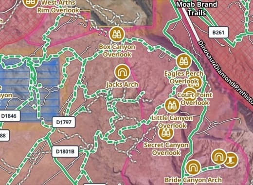 Outsider map close-up: open roads in green with road numbers near Moab